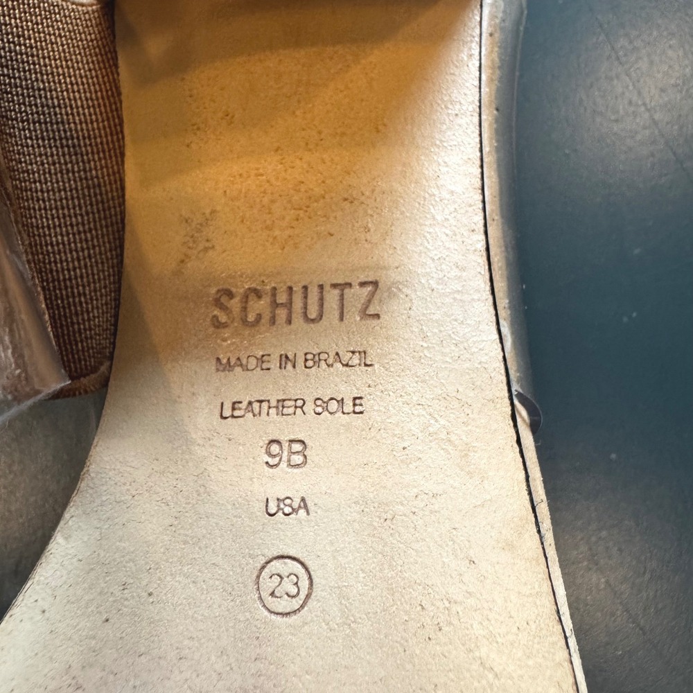 Schutz Women 9 B Clear Strap Tan Footbed Block Heel Slide Mule Sandals Neutral - Picture 14 of 16